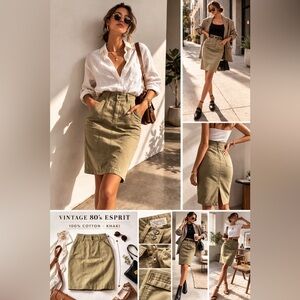 Vintage 80s Esprit Pencil Skirt100% Cotton Khaki · Minimalist Safari Office Core